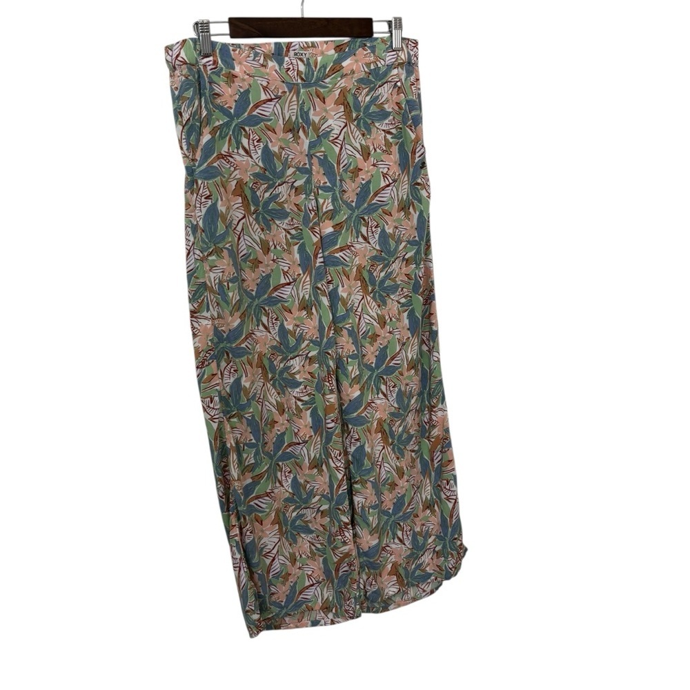 Roxy Tropical Leaf Print wide leg pull on pants teal beige size L